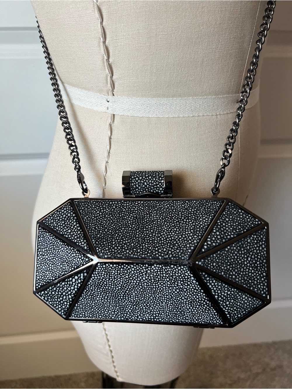 Halston Heritage Black Textured Geometric Evening Clutch with Chain Strap